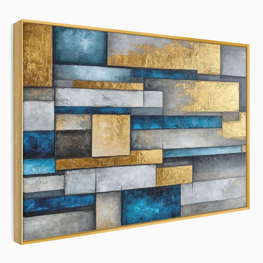Tablou canvas cu pictura abstracta cu forme geometrice aurii, in rama de aluminiu auriu