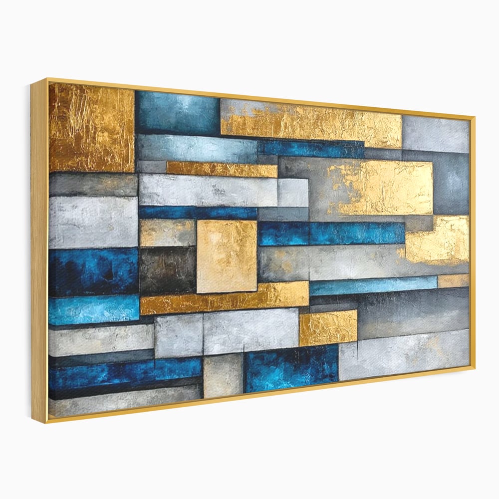 Tablou canvas cu pictura abstracta cu forme geometrice aurii, in rama de aluminiu auriu