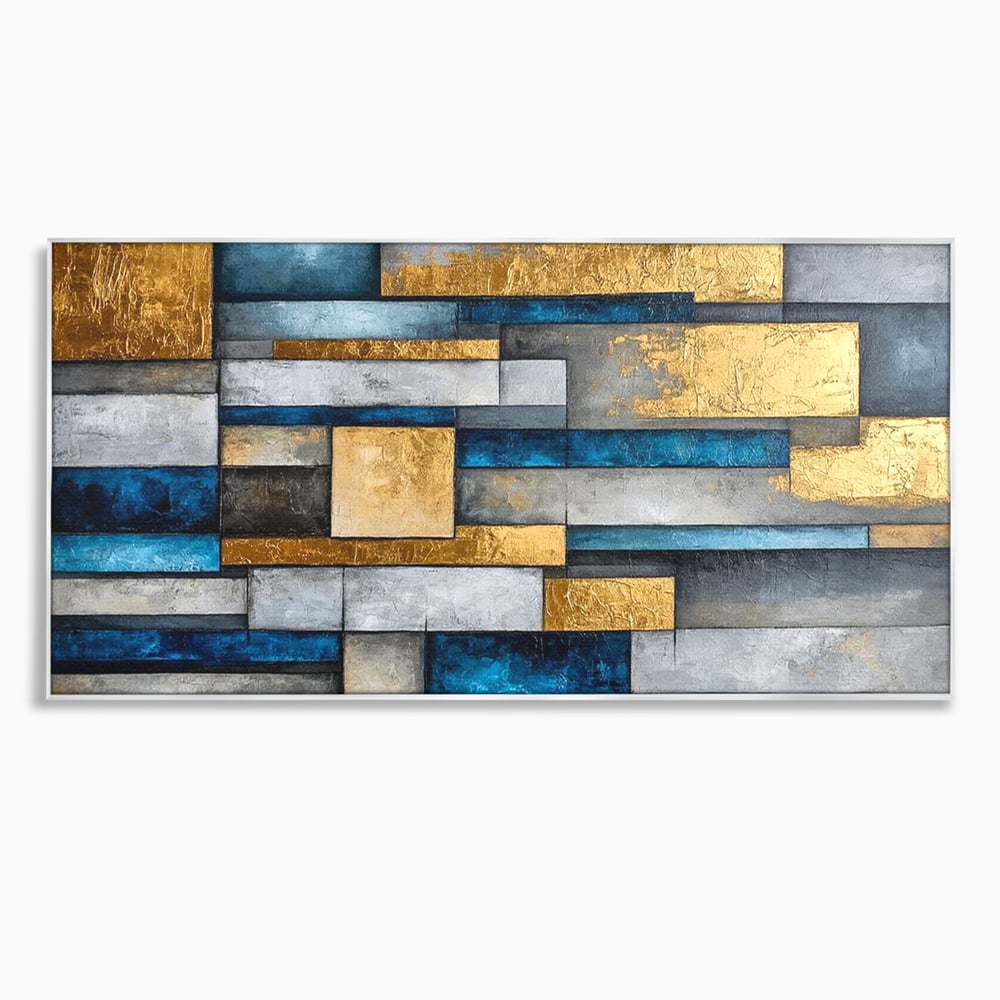 Tablou canvas cu pictura abstracta cu forme geometrice aurii, in rama de aluminiu argintiu