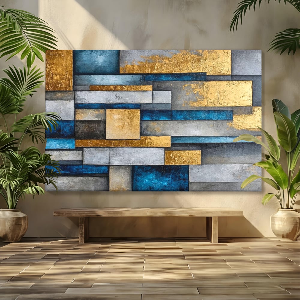 Tablou canvas cu pictura abstracta cu forme geometrice aurii, fara rama, pe sasiu de lemn