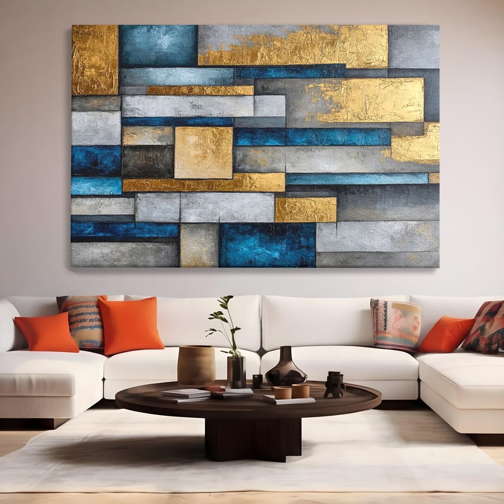 Tablou canvas cu pictura abstracta cu forme geometrice aurii, fara rama, pe sasiu de lemn, pe perete intr-un living