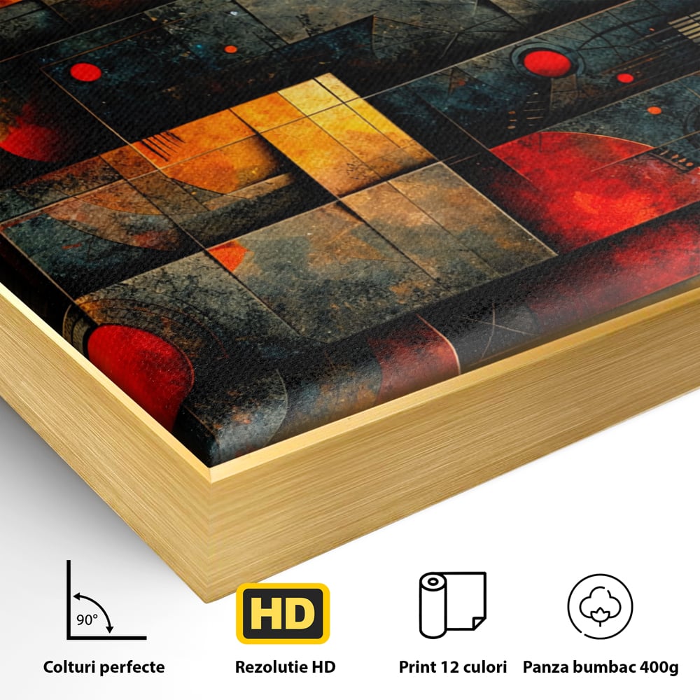 Detaliu al suprafetei: tablou canvas cu forme geometrice abstracte, in rama de aluminiu auriu