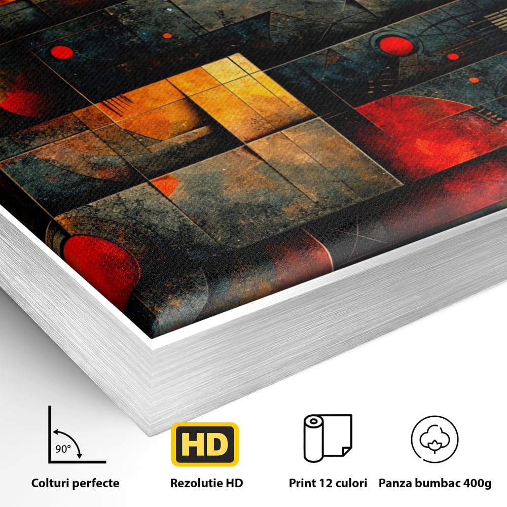 Detaliu al suprafetei: tablou canvas cu forme geometrice abstracte, in rama de aluminiu argintiu