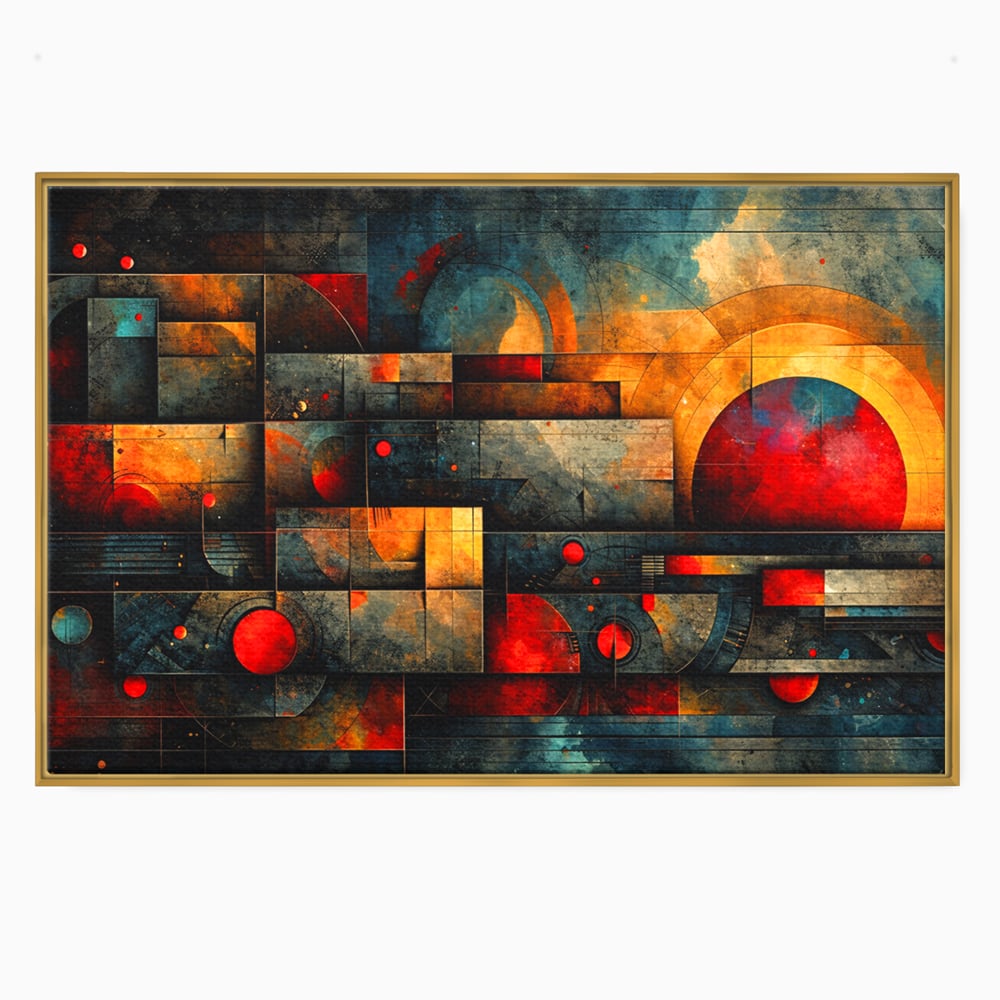 Tablou canvas cu tablou canvas cu forme geometrice abstracte, in rama de aluminiu auriu