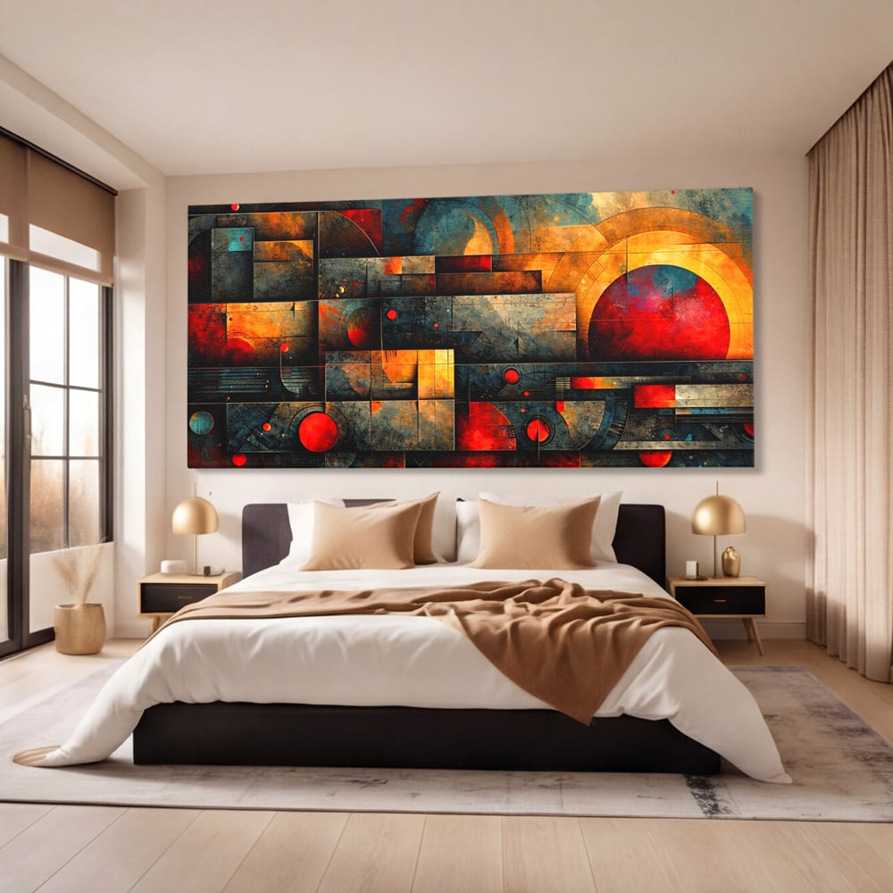 Tablou canvas cu tablou canvas cu forme geometrice abstracte, fara rama, pe sasiu de lemn, pe perete intr-un dormitor