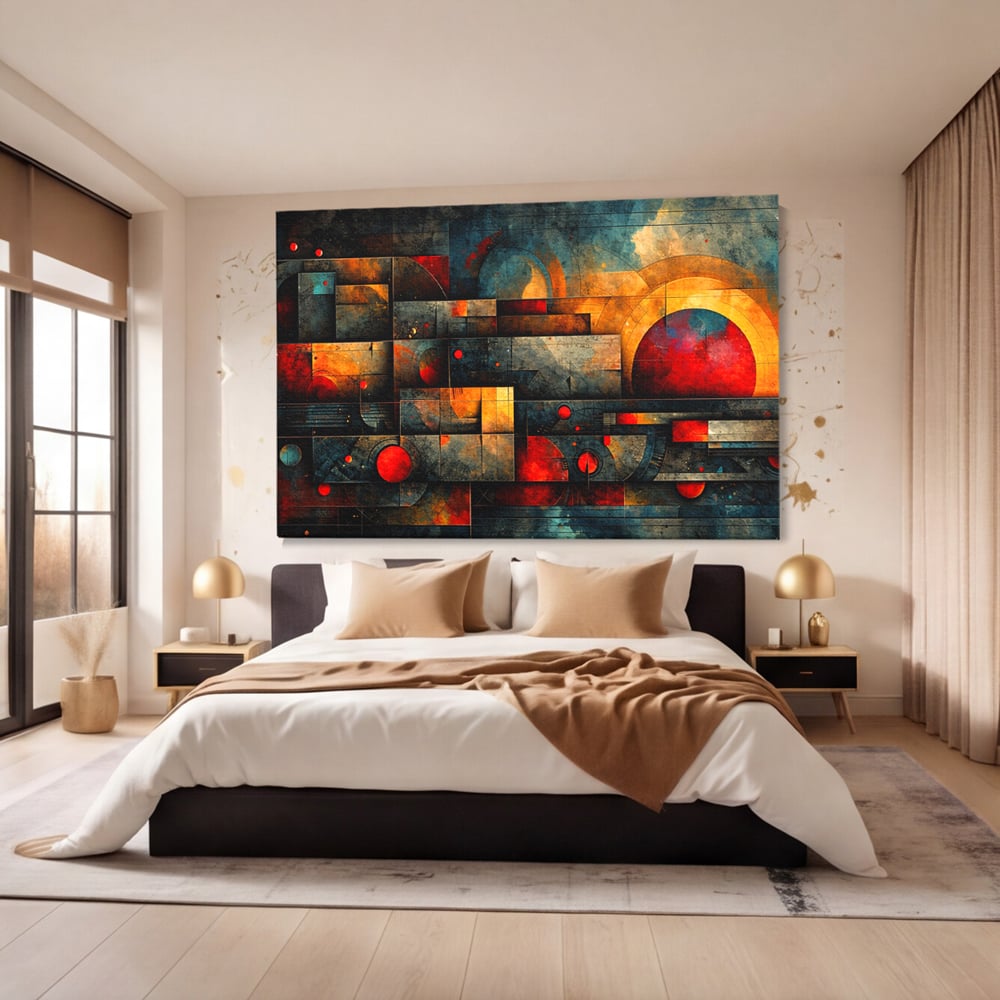 Tablou canvas cu tablou canvas cu forme geometrice abstracte, fara rama, pe sasiu de lemn, pe perete intr-un dormitor