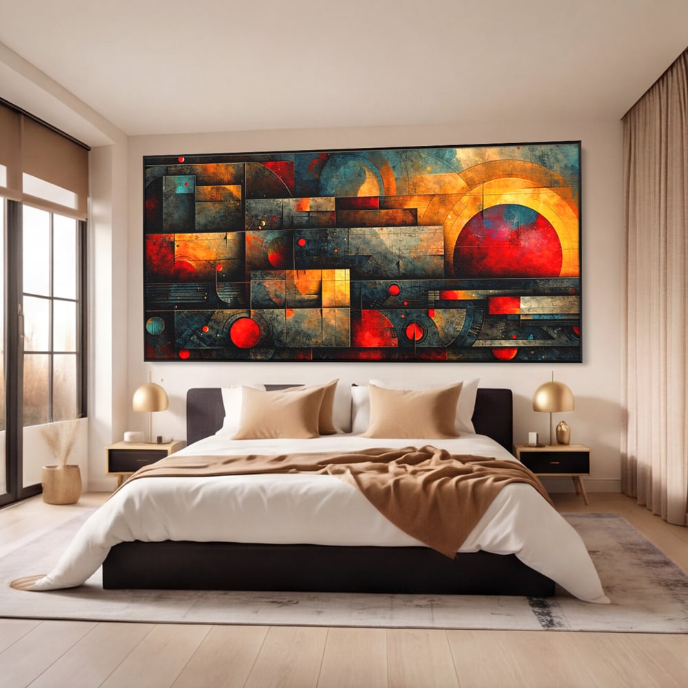 Tablou canvas cu tablou canvas cu forme geometrice abstracte, in rama de aluminiu negru, pe perete intr-un dormitor