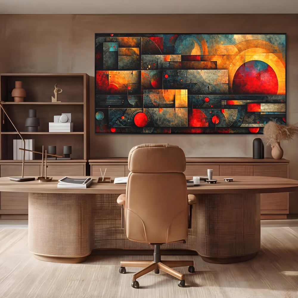 Tablou canvas cu tablou canvas cu forme geometrice abstracte, in rama de aluminiu negru, pe perete intr-un birou