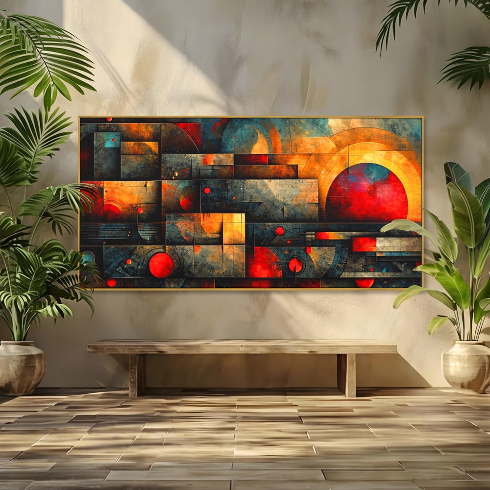 Tablou canvas cu tablou canvas cu forme geometrice abstracte, in rama de aluminiu auriu