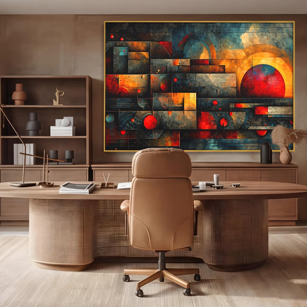 Tablou canvas cu tablou canvas cu forme geometrice abstracte, in rama de aluminiu auriu, pe perete intr-un birou