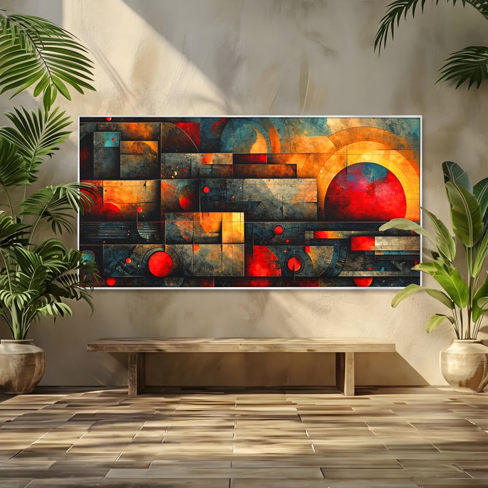 Tablou canvas cu tablou canvas cu forme geometrice abstracte, in rama de aluminiu argintiu