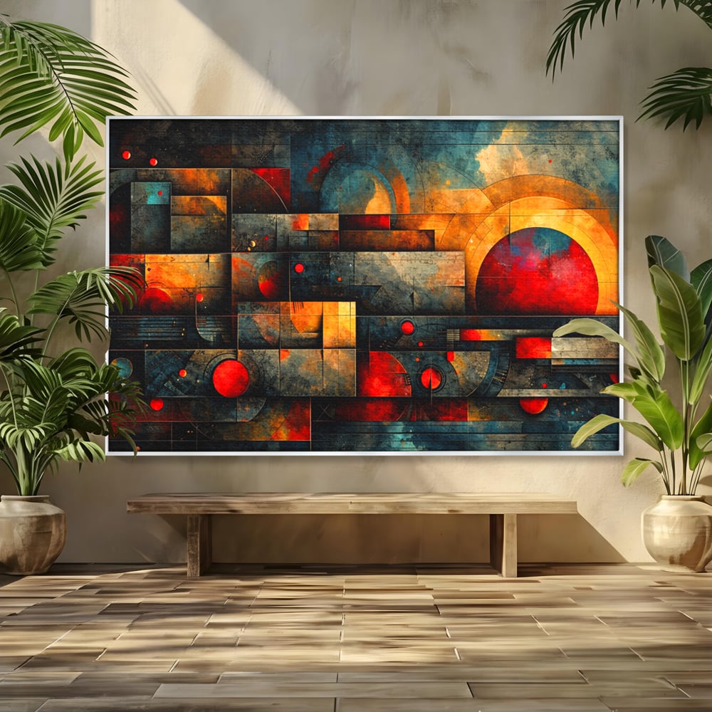 Tablou canvas cu tablou canvas cu forme geometrice abstracte, in rama de aluminiu argintiu