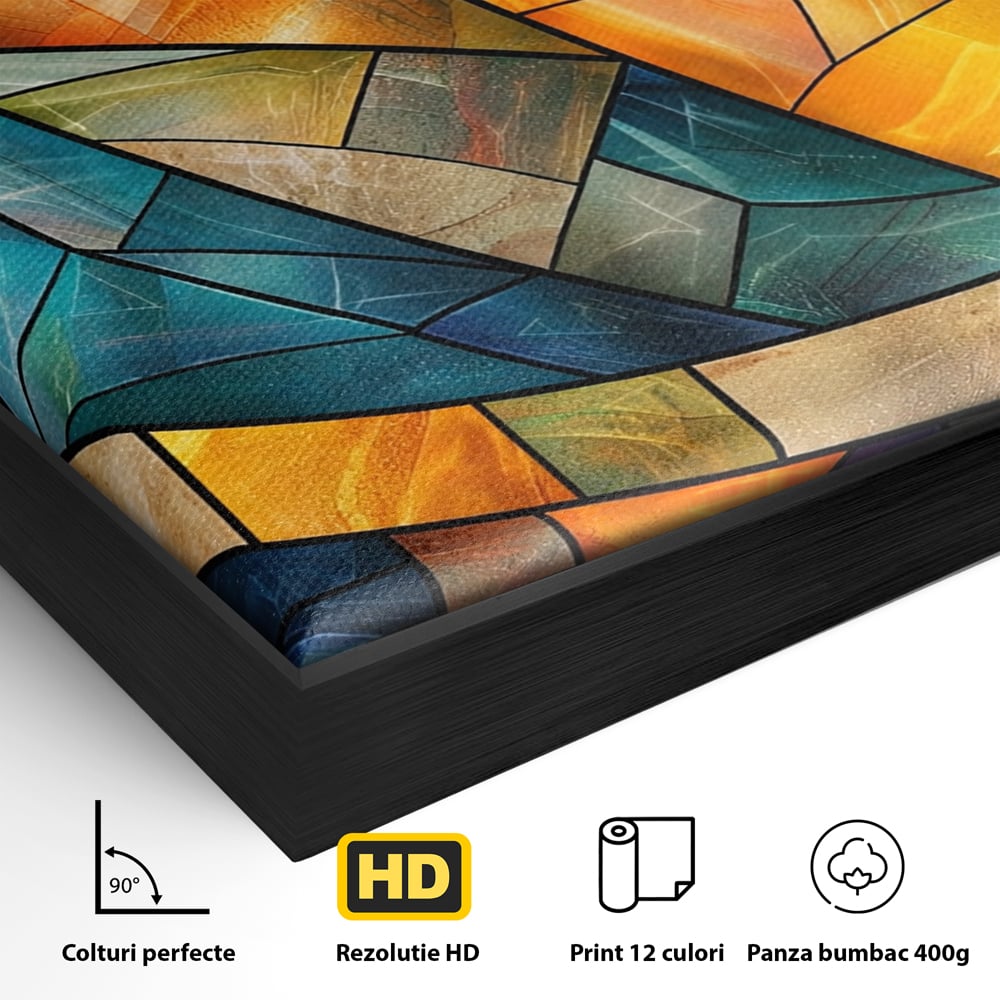 Detaliu al suprafetei: tablou canvas cu mozaic geometric colorat, in rama de aluminiu negru