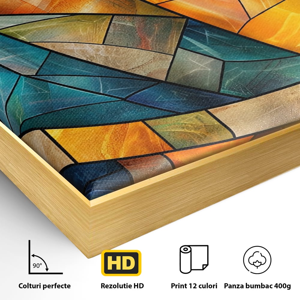 Detaliu al suprafetei: tablou canvas cu mozaic geometric colorat, in rama de aluminiu auriu