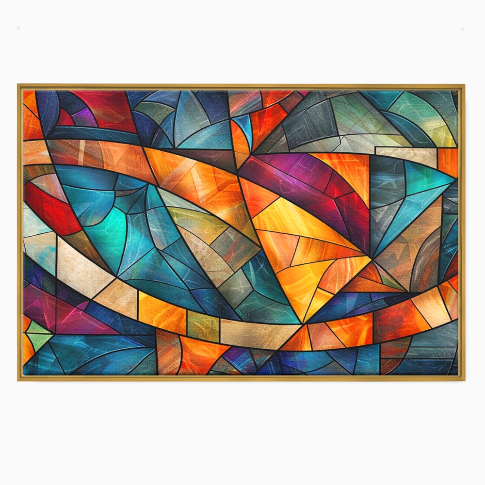 Tablou canvas cu tablou canvas cu mozaic geometric colorat, in rama de aluminiu auriu