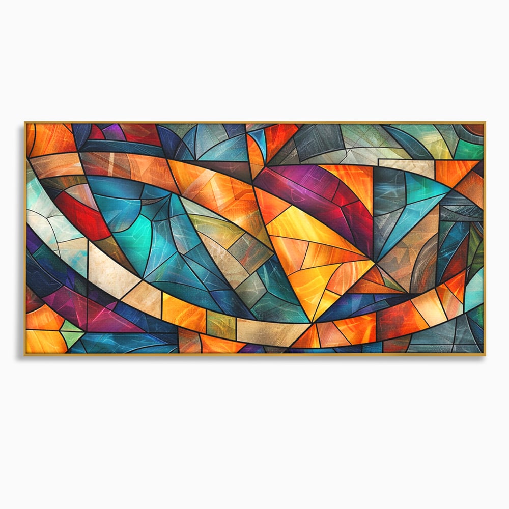 Tablou canvas cu tablou canvas cu mozaic geometric colorat, in rama de aluminiu auriu