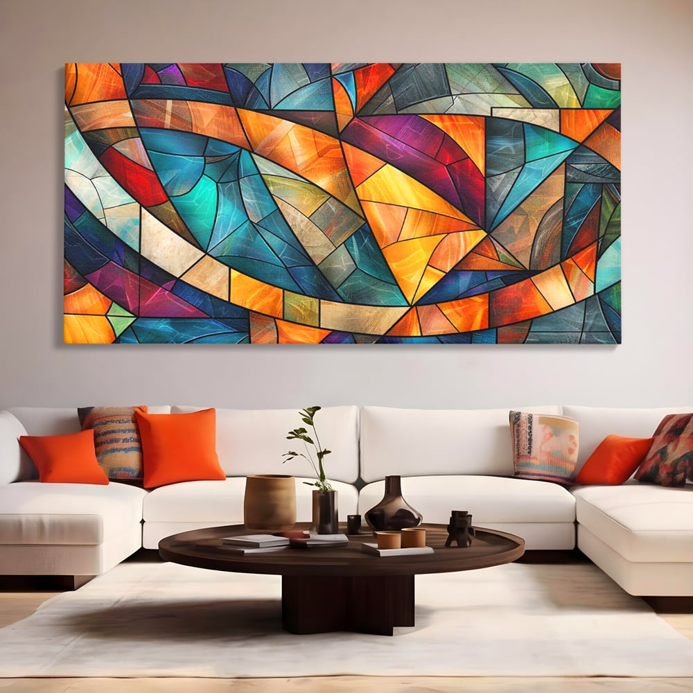 Tablou canvas cu tablou canvas cu mozaic geometric colorat, fara rama, pe sasiu de lemn, pe perete intr-un living