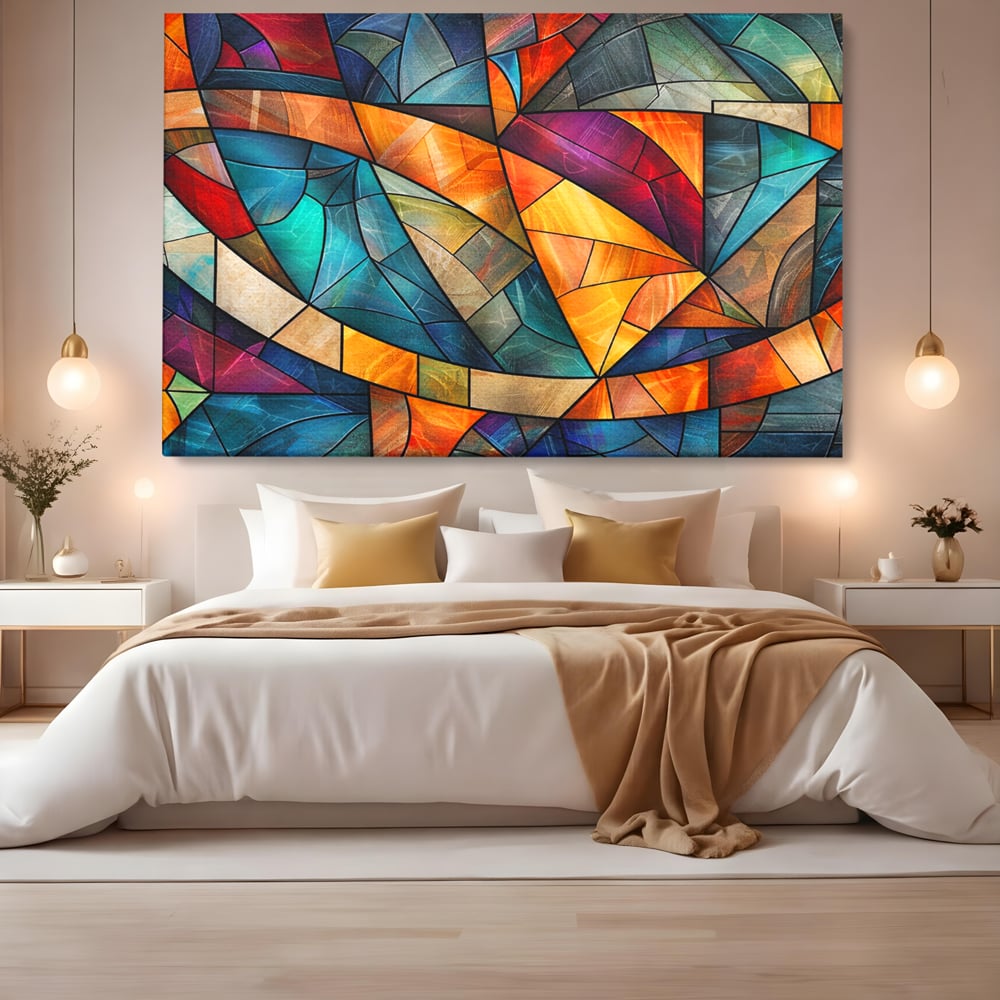 Tablou canvas cu tablou canvas cu mozaic geometric colorat, fara rama, pe sasiu de lemn, pe perete intr-un dormitor