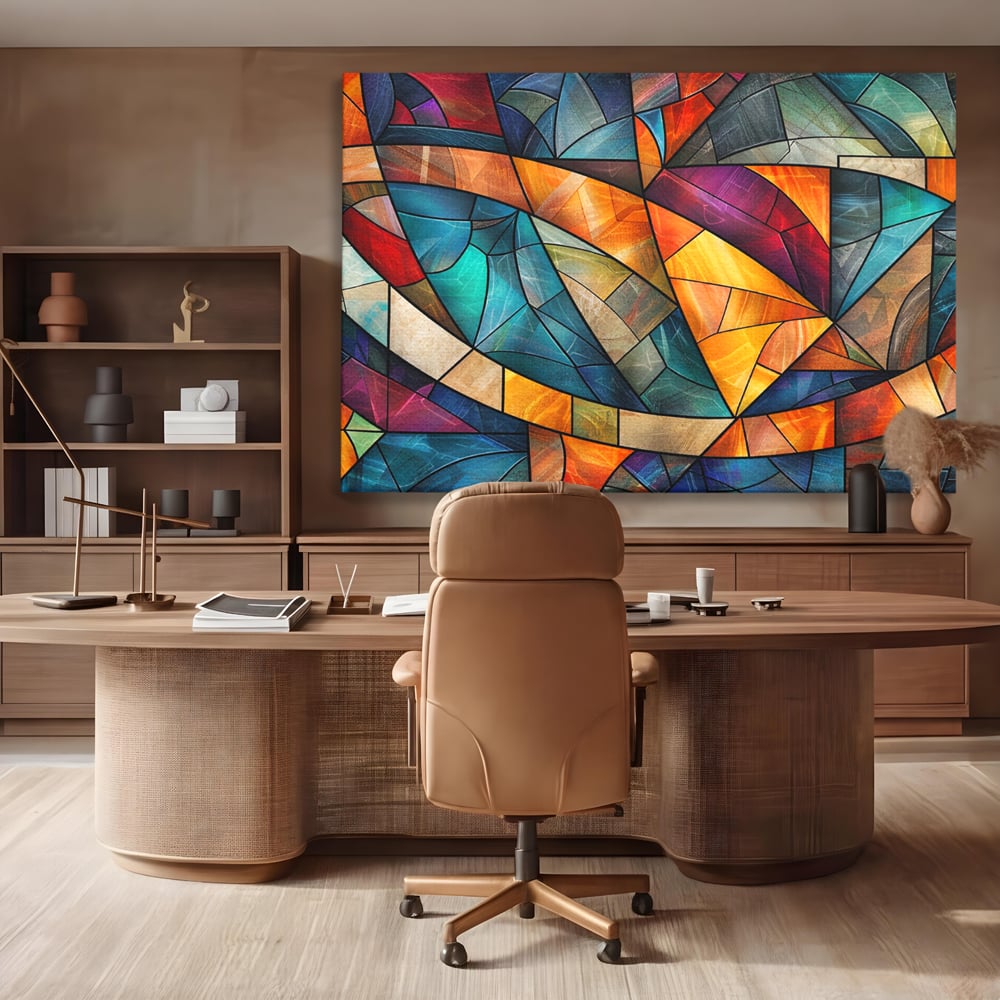 Tablou canvas cu tablou canvas cu mozaic geometric colorat, fara rama, pe sasiu de lemn, pe perete intr-un birou