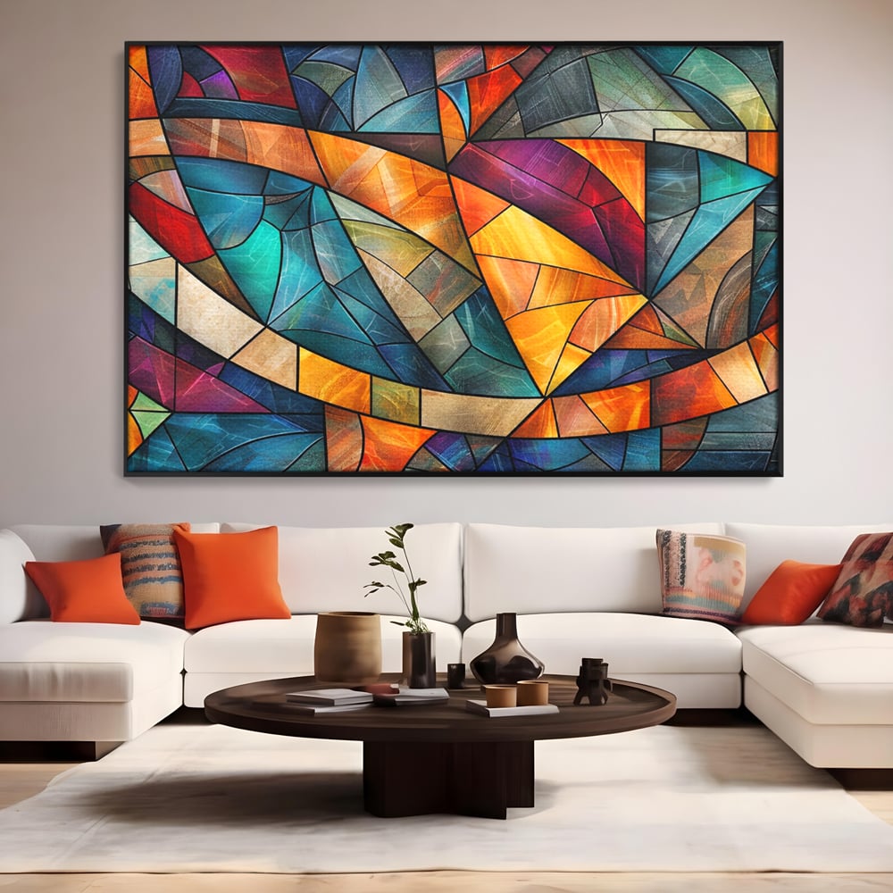 Tablou canvas cu tablou canvas cu mozaic geometric colorat, in rama de aluminiu negru, pe perete intr-un living