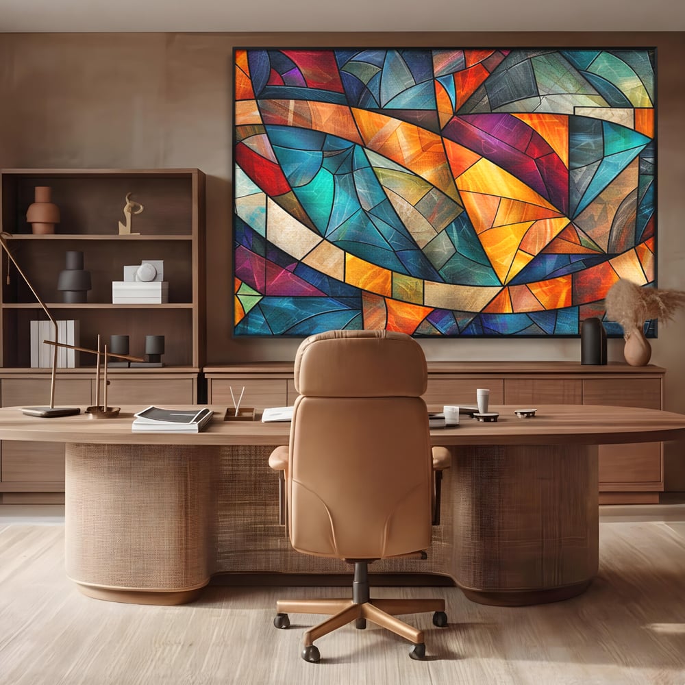 Tablou canvas cu tablou canvas cu mozaic geometric colorat, in rama de aluminiu negru, pe perete intr-un birou