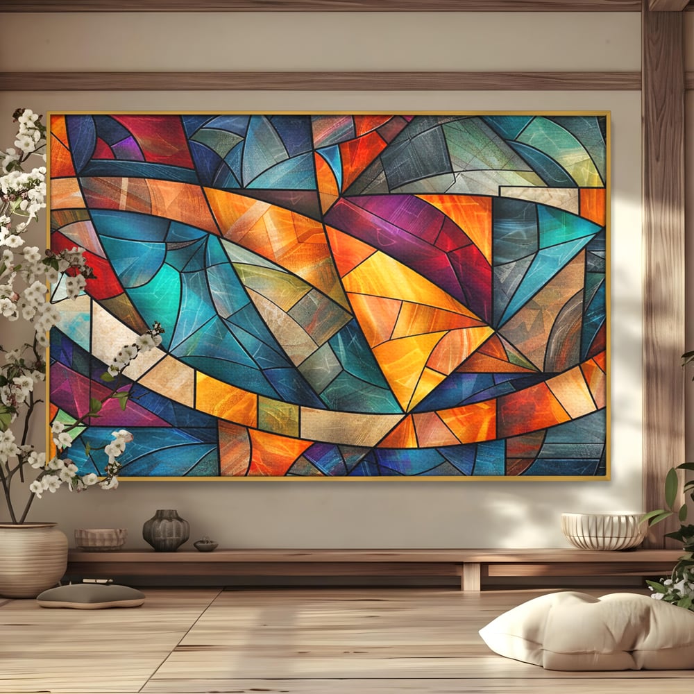 Tablou canvas cu tablou canvas cu mozaic geometric colorat, in rama de aluminiu auriu