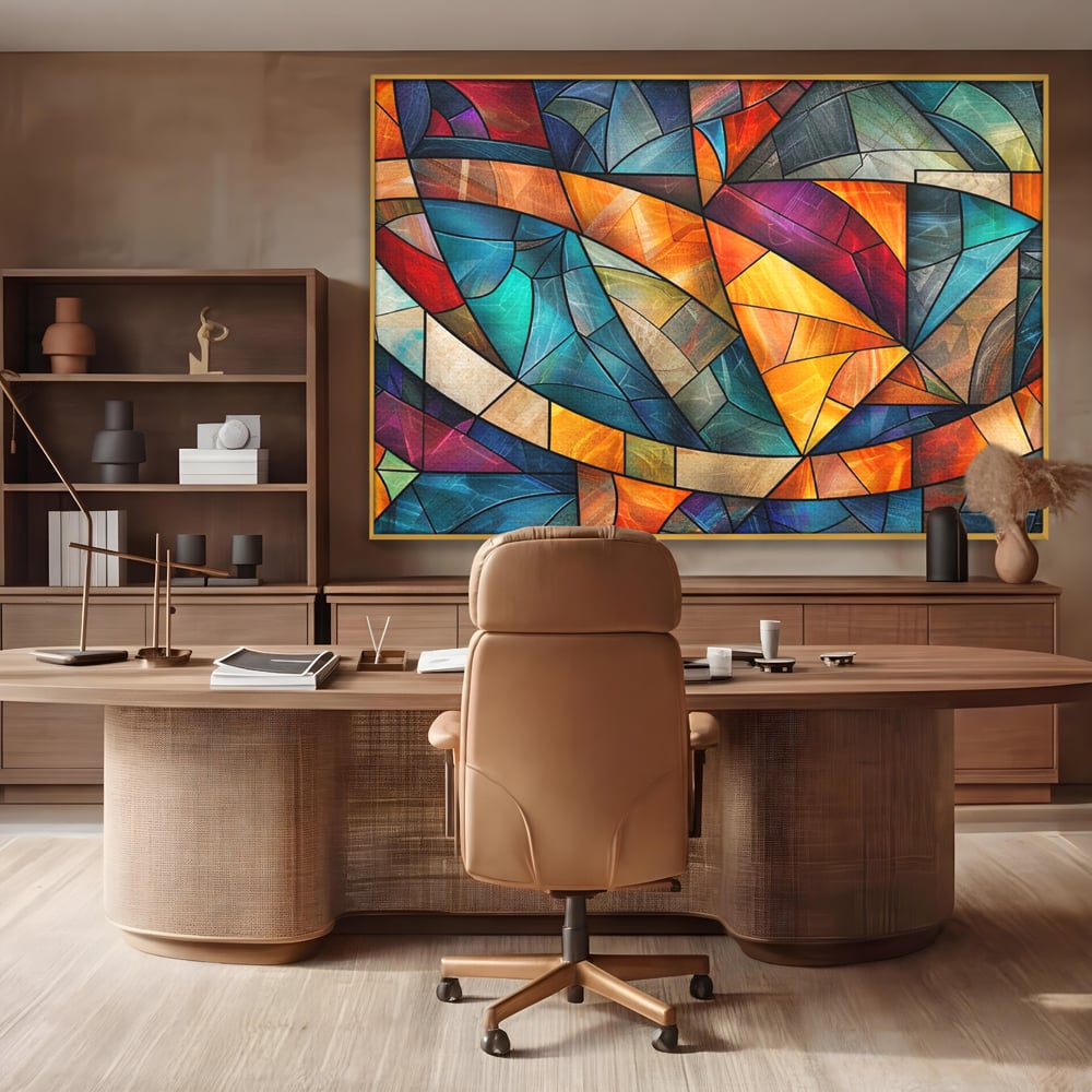 Tablou canvas cu tablou canvas cu mozaic geometric colorat, in rama de aluminiu auriu, pe perete intr-un birou