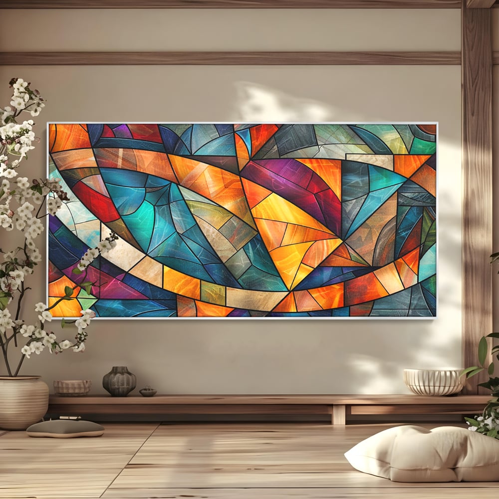 Tablou canvas cu tablou canvas cu mozaic geometric colorat, in rama de aluminiu argintiu