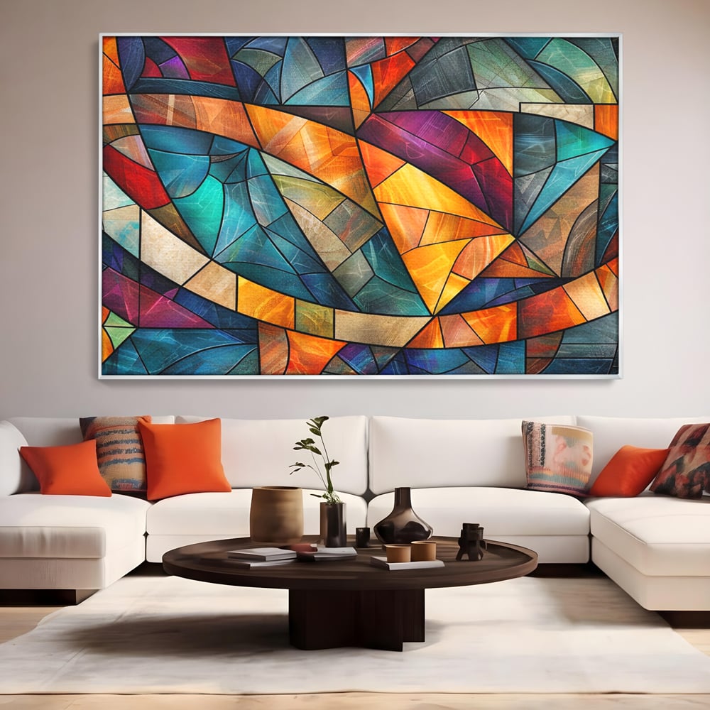 Tablou canvas cu tablou canvas cu mozaic geometric colorat, in rama de aluminiu argintiu, pe perete intr-un living