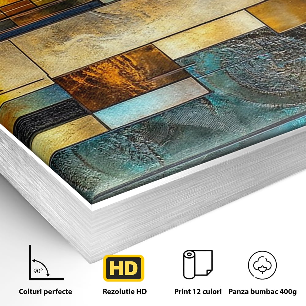 Detaliu al suprafetei: tablou abstract geometric cu texturi metalice, in rama de aluminiu argintiu