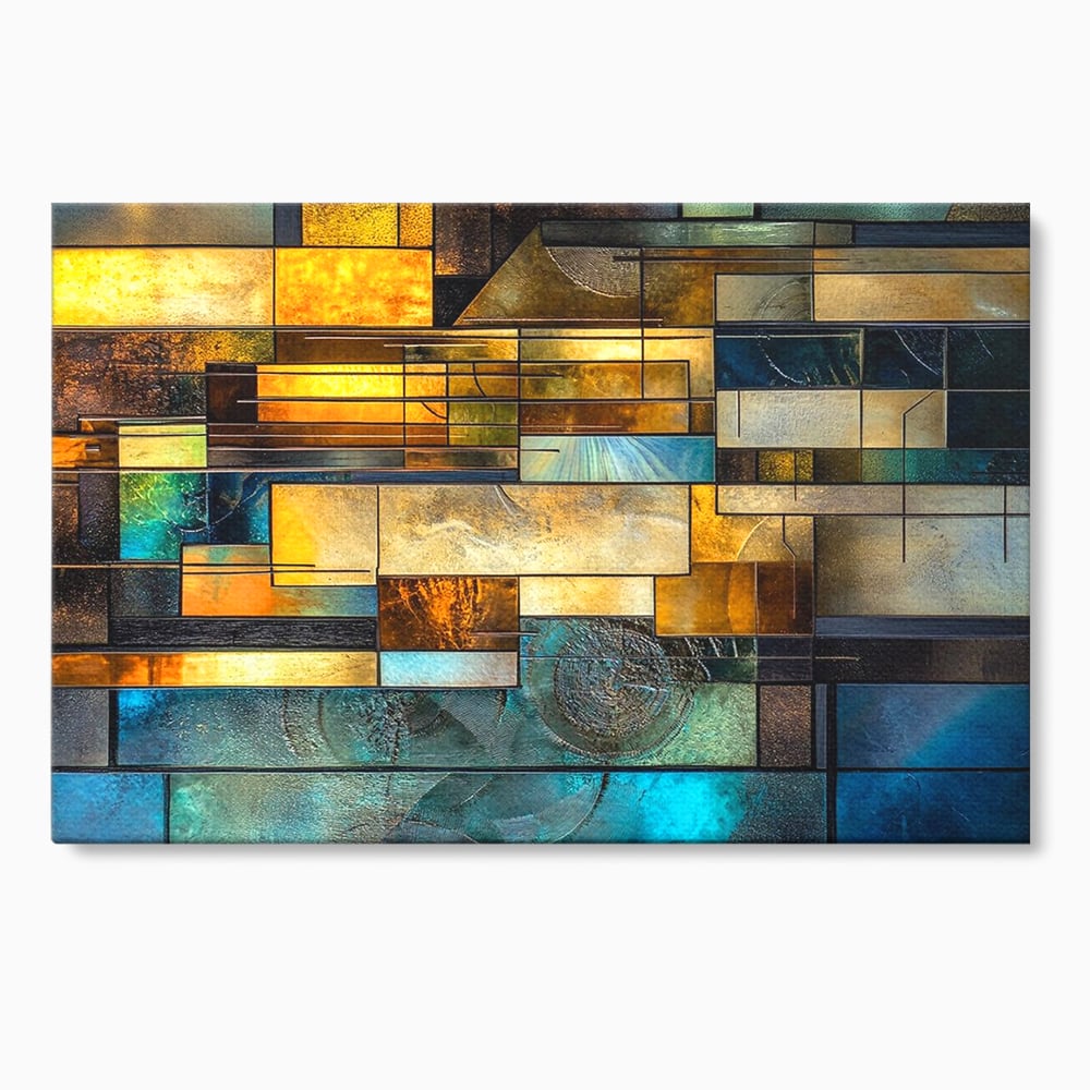 Tablou canvas cu tablou abstract geometric cu texturi metalice, fara rama, pe sasiu de lemn
