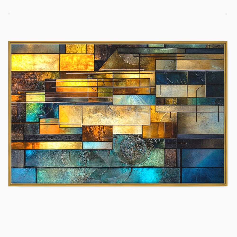 Tablou canvas cu tablou abstract geometric cu texturi metalice, in rama de aluminiu auriu
