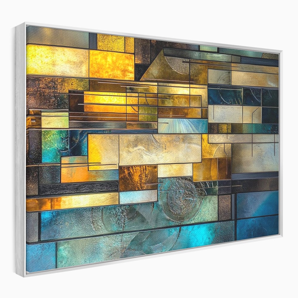 Tablou canvas cu tablou abstract geometric cu texturi metalice, in rama de aluminiu argintiu