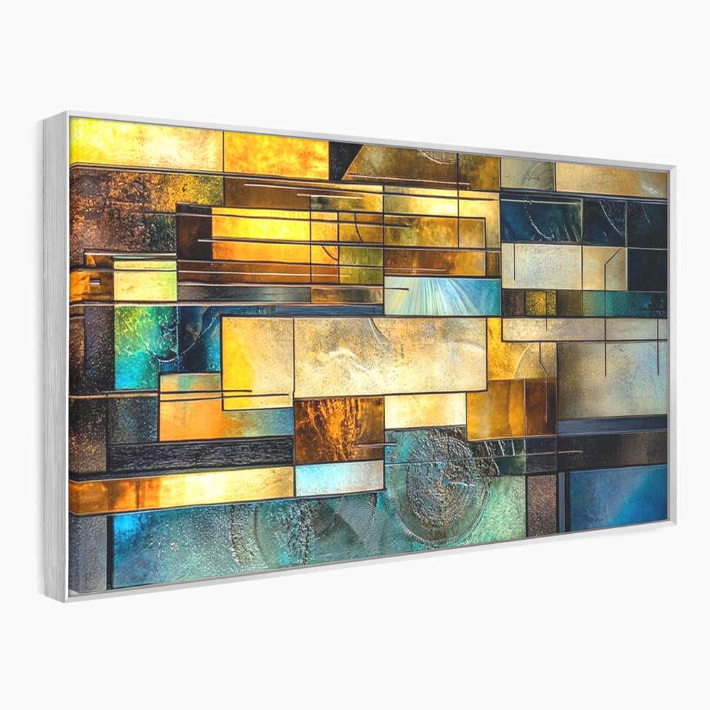 Tablou canvas cu tablou abstract geometric cu texturi metalice, in rama de aluminiu argintiu