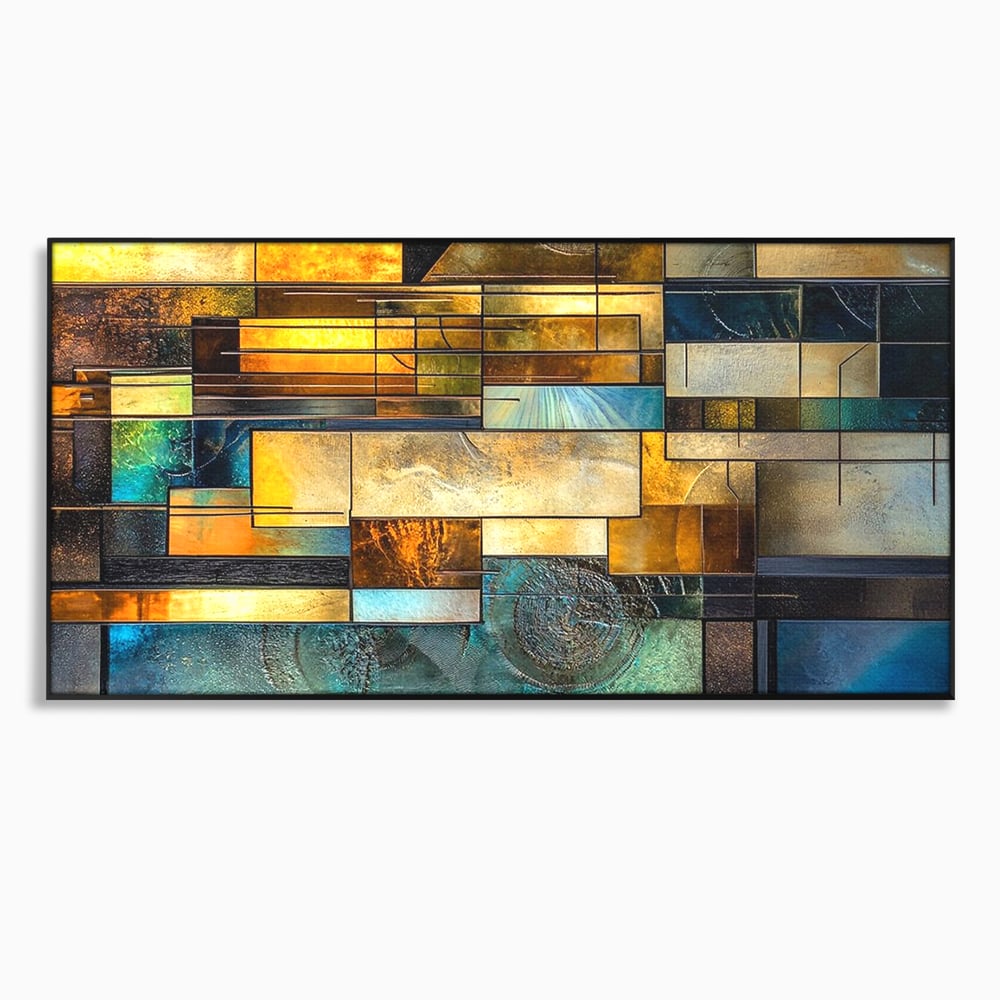 Tablou canvas cu tablou abstract geometric cu texturi metalice, in rama de aluminiu negru