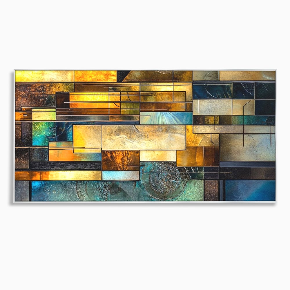 Tablou canvas cu tablou abstract geometric cu texturi metalice, in rama de aluminiu argintiu
