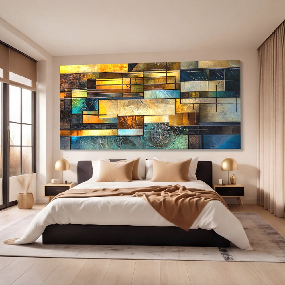 Tablou canvas cu tablou abstract geometric cu texturi metalice, fara rama, pe sasiu de lemn, pe perete intr-un dormitor