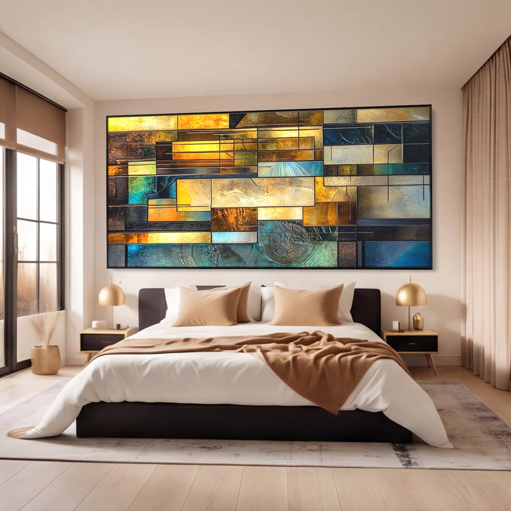 Tablou canvas cu tablou abstract geometric cu texturi metalice, in rama de aluminiu negru, pe perete intr-un dormitor