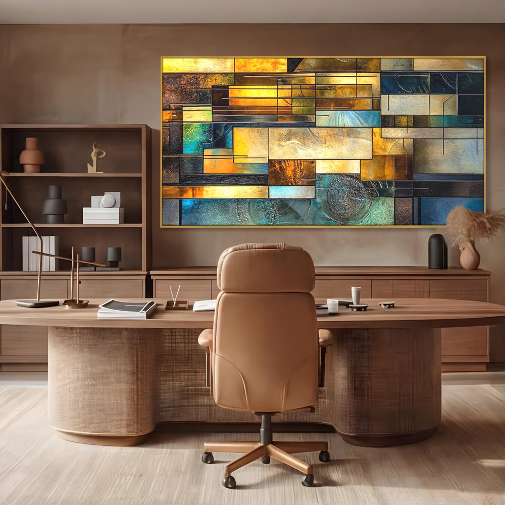 Tablou canvas cu tablou abstract geometric cu texturi metalice, in rama de aluminiu auriu, pe perete intr-un birou