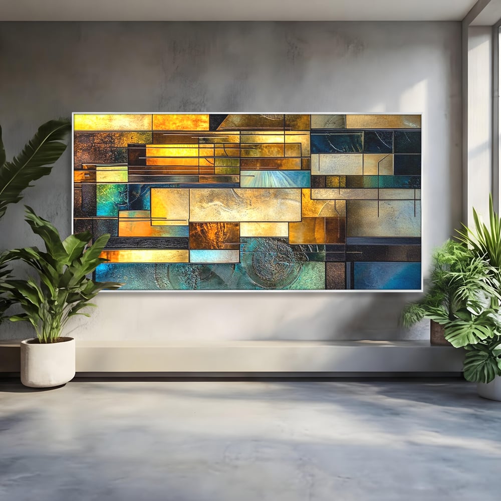 Tablou canvas cu tablou abstract geometric cu texturi metalice, in rama de aluminiu argintiu