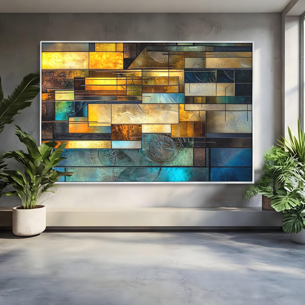 Tablou canvas cu tablou abstract geometric cu texturi metalice, in rama de aluminiu argintiu