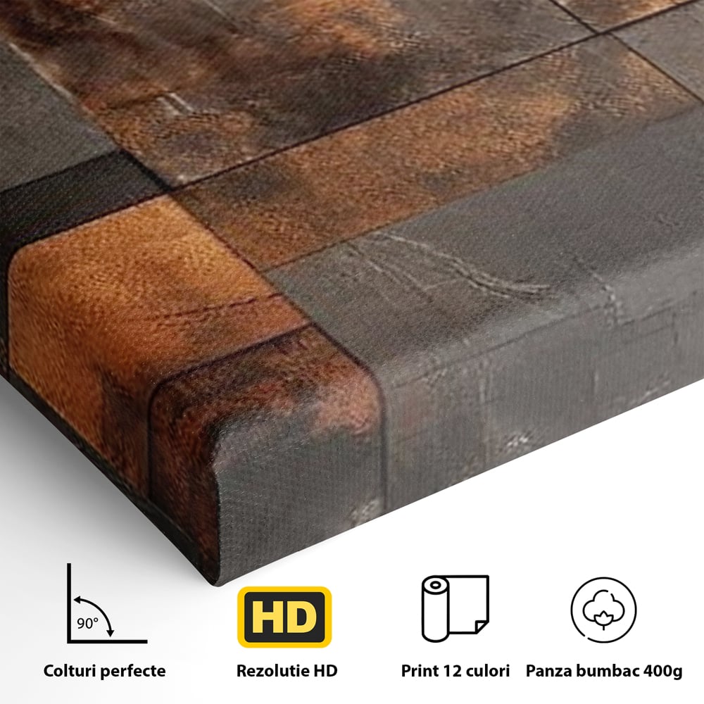 Detaliu al suprafetei: tablou canvas cu placi geometrice metalice, fara rama, pe sasiu de lemn