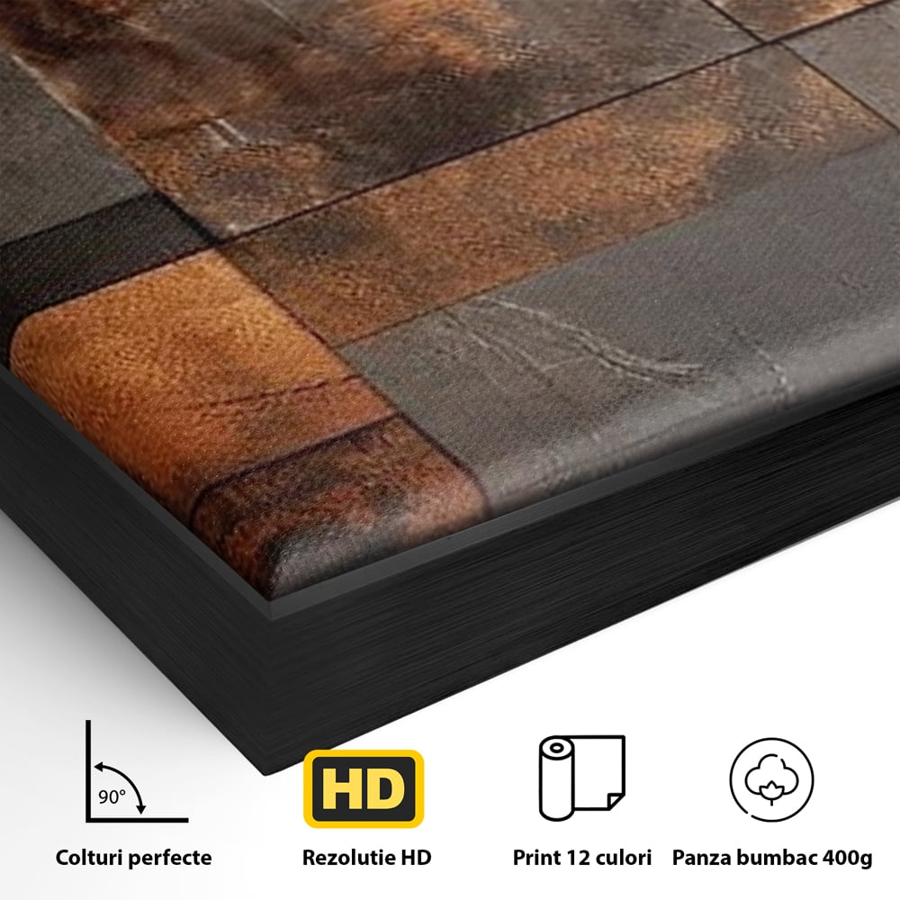 Detaliu al suprafetei: tablou canvas cu placi geometrice metalice, in rama de aluminiu negru