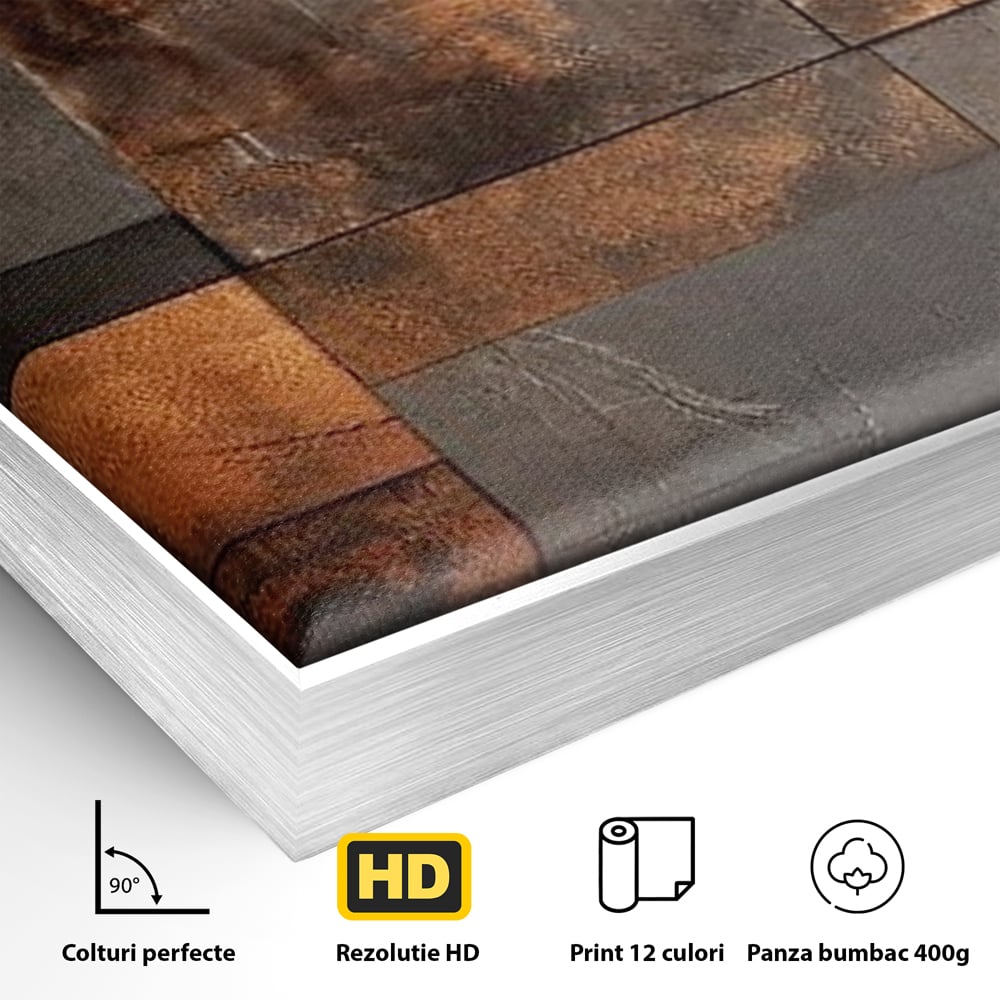 Detaliu al suprafetei: tablou canvas cu placi geometrice metalice, in rama de aluminiu argintiu