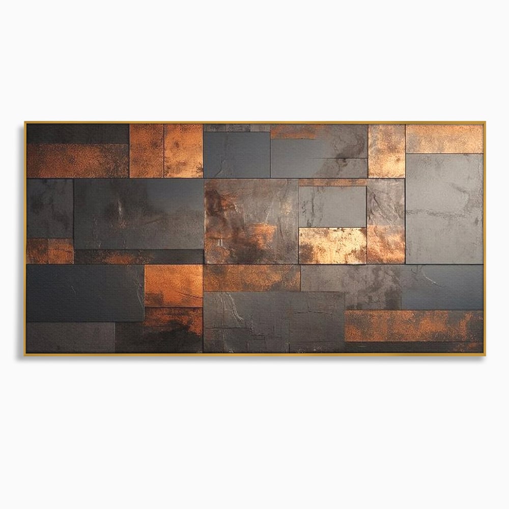 Tablou canvas cu tablou canvas cu placi geometrice metalice, in rama de aluminiu auriu