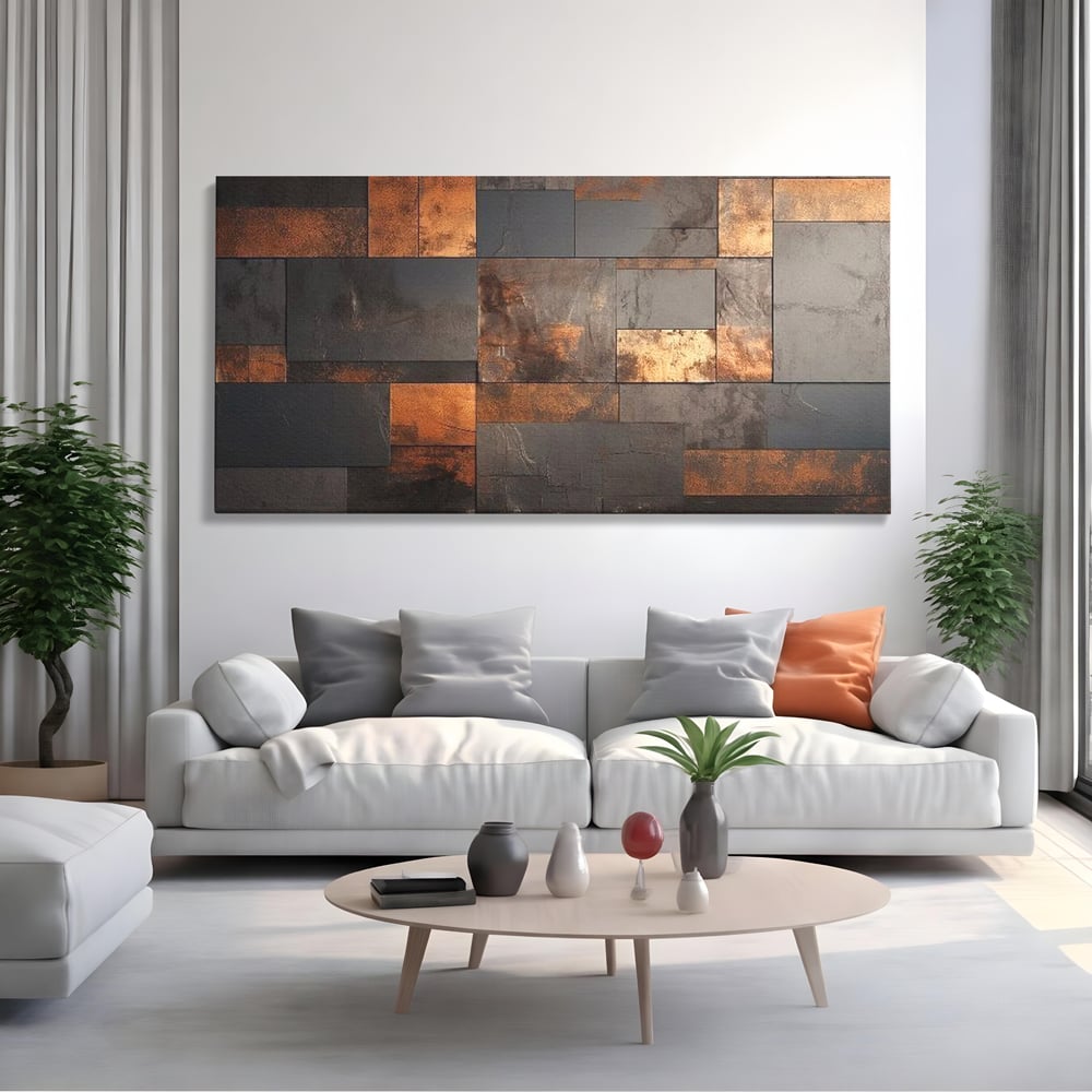 Tablou canvas cu tablou canvas cu placi geometrice metalice, fara rama, pe sasiu de lemn, pe perete intr-un living