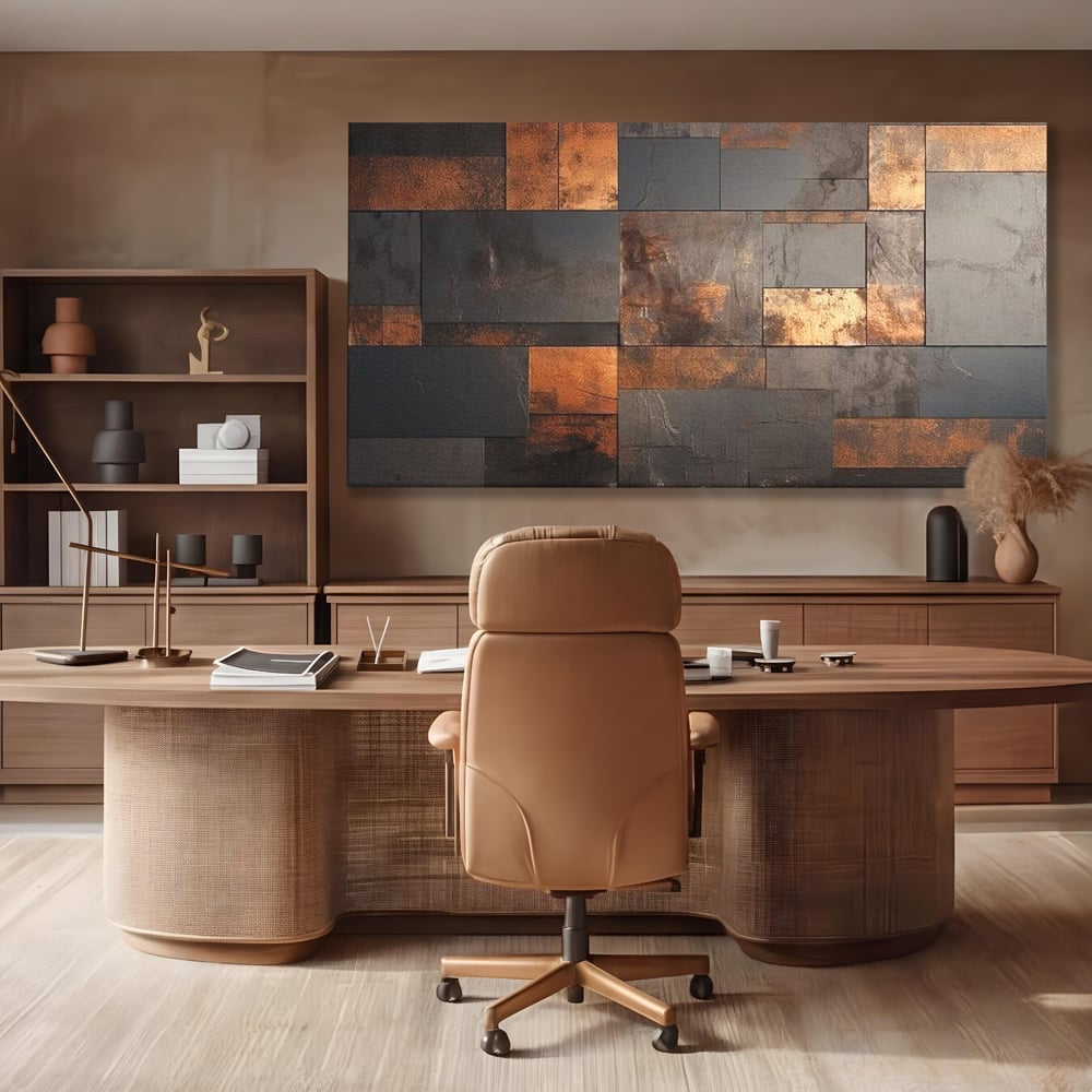 Tablou canvas cu tablou canvas cu placi geometrice metalice, fara rama, pe sasiu de lemn, pe perete intr-un birou