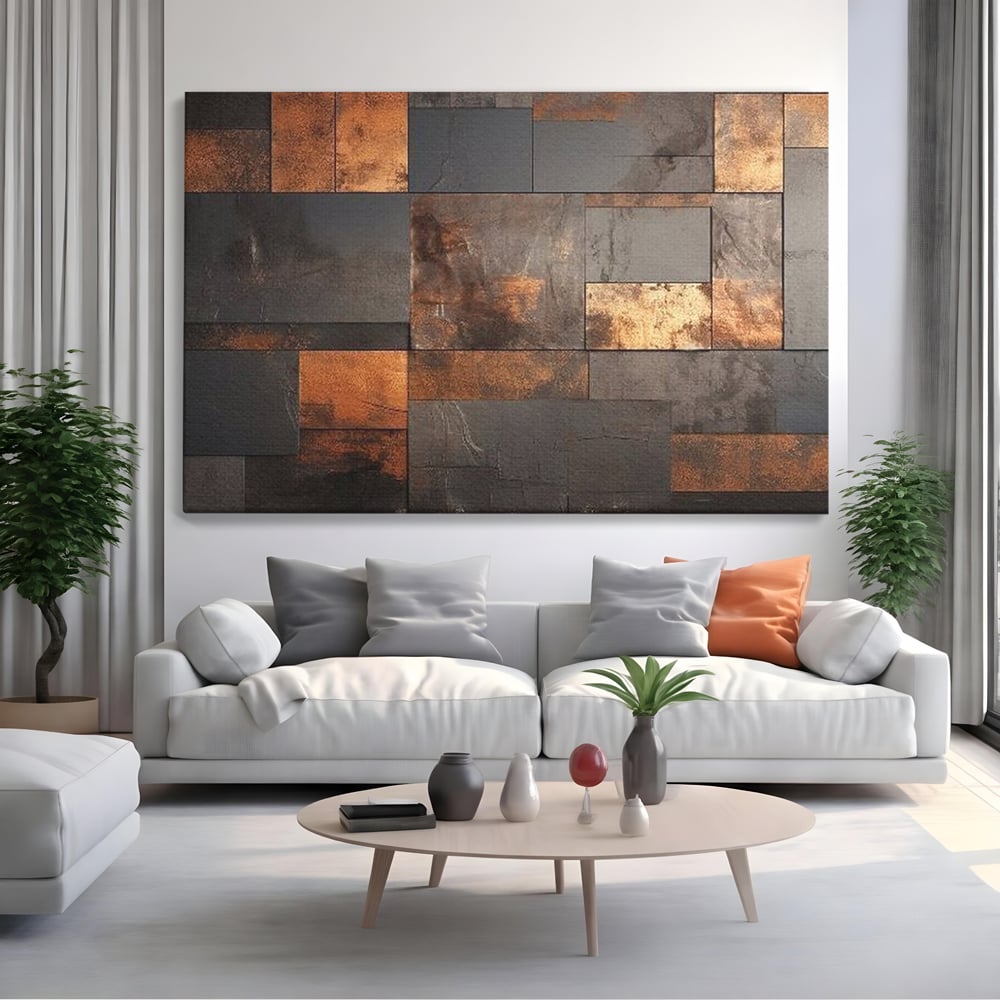 Tablou canvas cu tablou canvas cu placi geometrice metalice, fara rama, pe sasiu de lemn, pe perete intr-un living