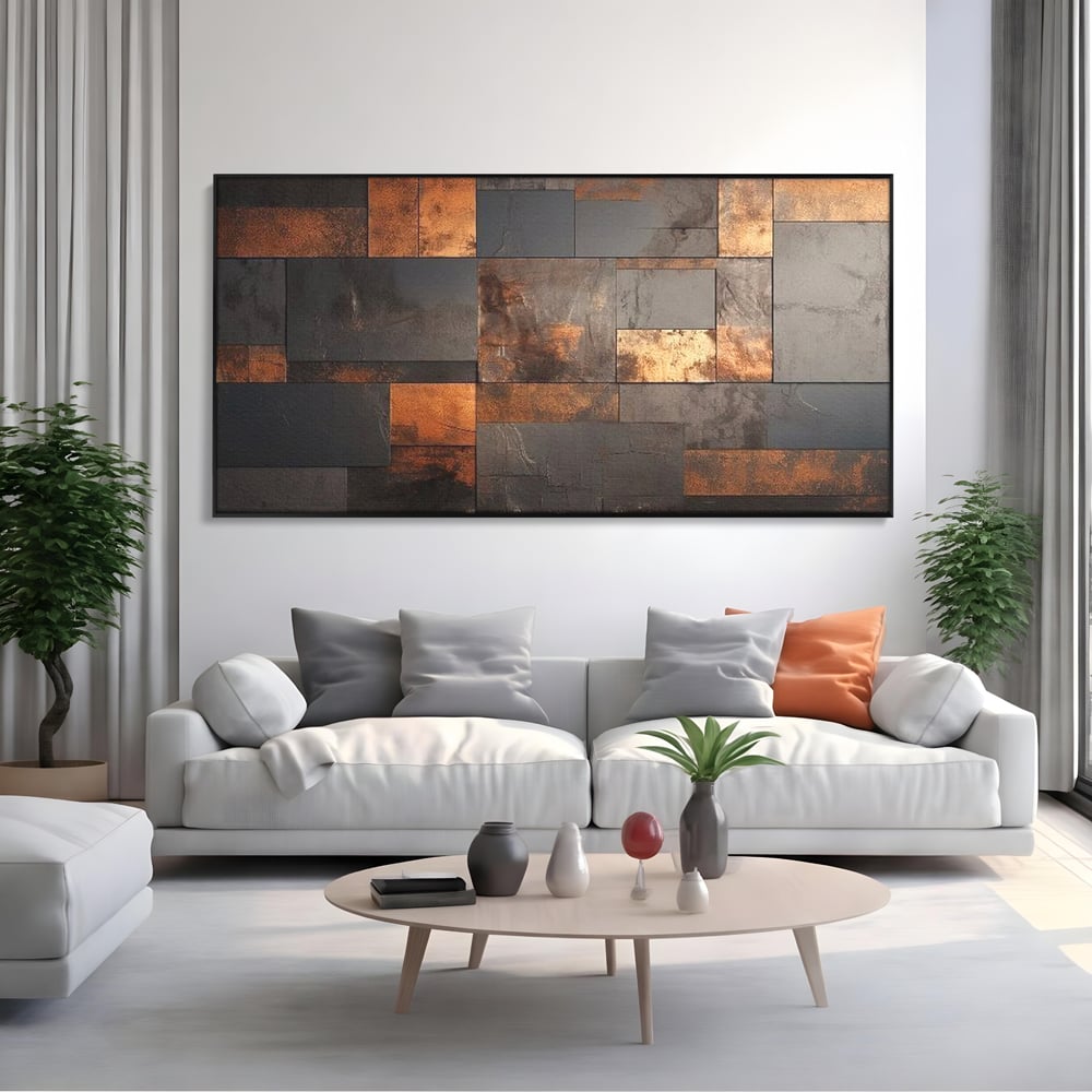 Tablou canvas cu tablou canvas cu placi geometrice metalice, in rama de aluminiu negru, pe perete intr-un living