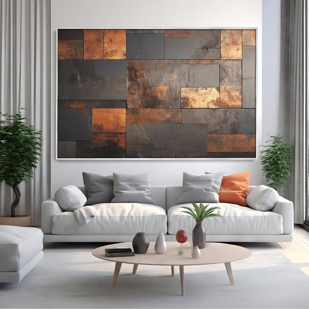 Tablou canvas cu tablou canvas cu placi geometrice metalice, in rama de aluminiu argintiu, pe perete intr-un living